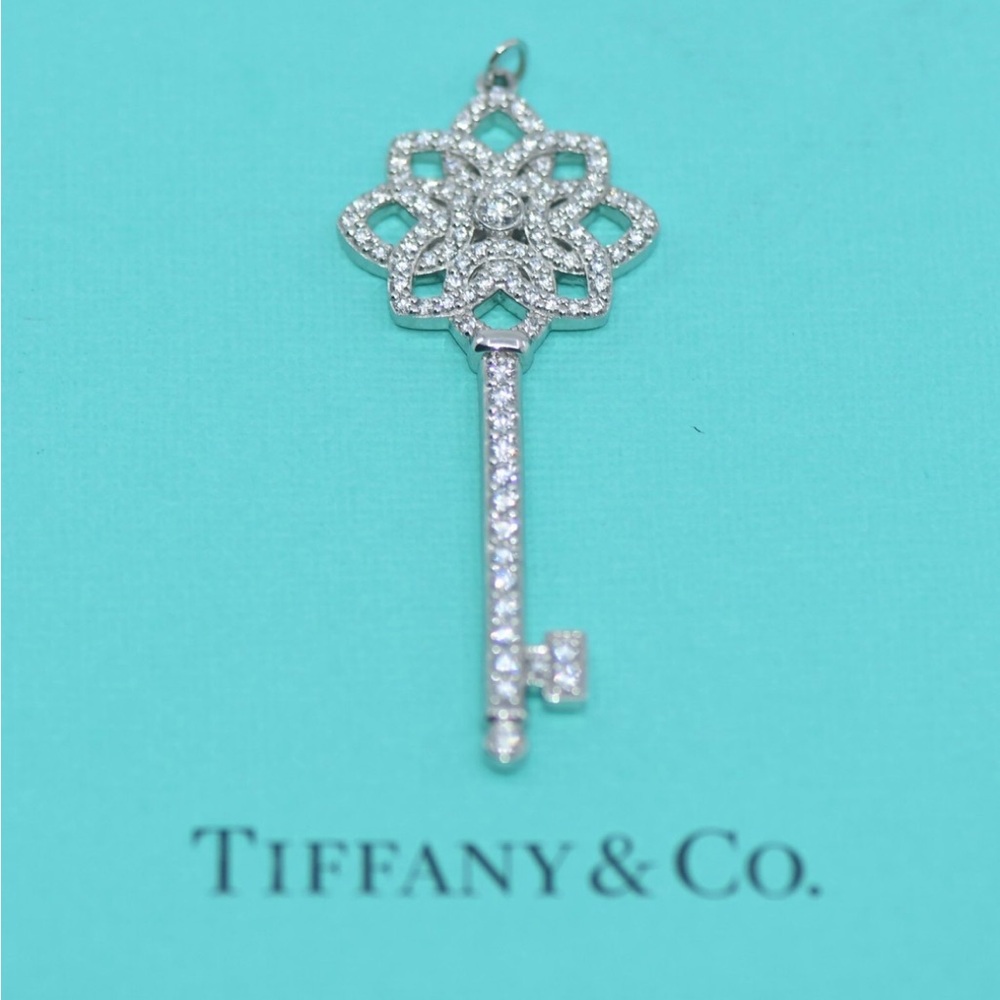 🌟Tiffany & Co RARE 107 Diamond Platinum Floral Key Pendant WITH T & Co chain NIB